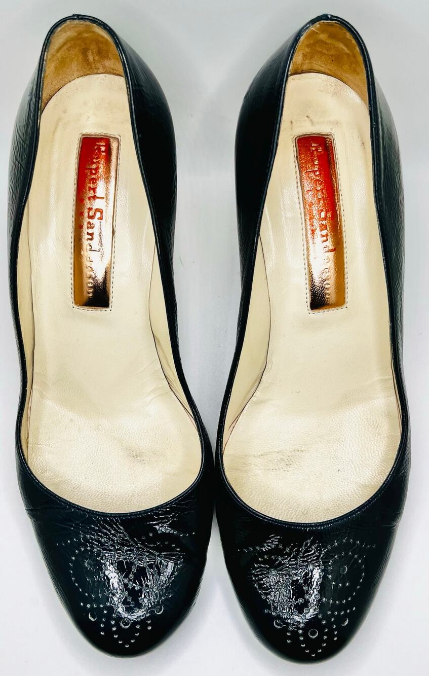 Size 6.5 / EU 37 RUPER SANDERSON Navy Patent Pumps with Pointelle Design - EUC!